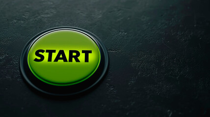 A large green button with the word "start" written on it, close-up on a black background. illustration of decision-making about the start of action. Generative AI