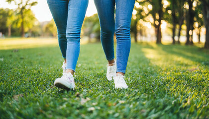 two girls walking barefoot in the park, symbolizing friendship, nature connection, and a carefree lifestyle - obrazy, fototapety, plakaty
