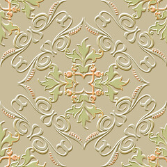 Beautiful textured emboss floral 3d seamless pattern. Arabesque vector modern embossed relief background. Repeat surface backdrop. Vintage flowers, leaves, lines, swirls textured Damask ornaments