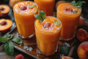Fototapeta premium Glasses of peach smoothie in tray.
