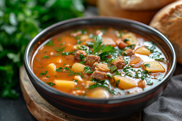 Goulash soup with Mediterranean herbs and potato.