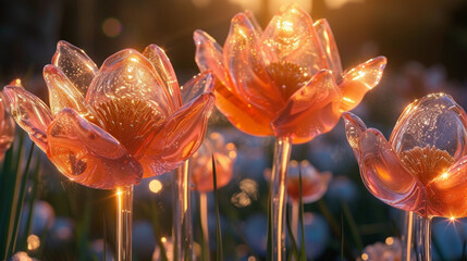 A crystal flower garden bathed in warm sunlight, highlighting the transparency and brilliance of each unique blossom