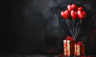 valentine gifts and red hearts with baloons on black background, valentines day