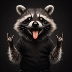 Obraz premium Funny Raccoon showing tongue, with black t-shirt, making a signal, high quality portrait, isolated black background.