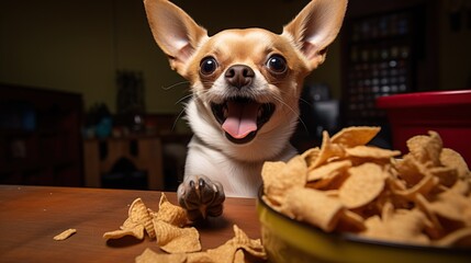 A happy Chihuahua puppy eats from a bowl on a brown wooden floor and on a black background. he smiles and looks at the camera, food flies around the puppy, a banner with a copyright for the text.