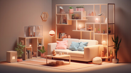 A cube cutout of an isometric living room 3D rendered.