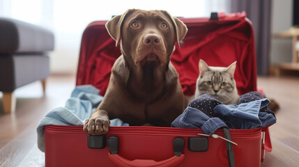 Funny brown labrador retriever in suitcase and a cat waiting to travel.Vacation. Traveling with...