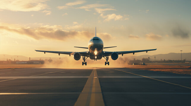 airplane landing at sunset