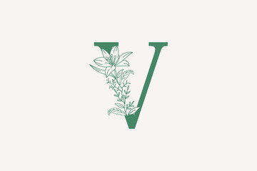 flower and botanicals logo design with letter v logo concept