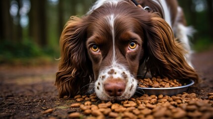 Happy and smiling Spaniel with a plate of dry food on a light grey background. Dog smiles and looks at the camera, food flies around the puppy, a banner with a copyright for the text.