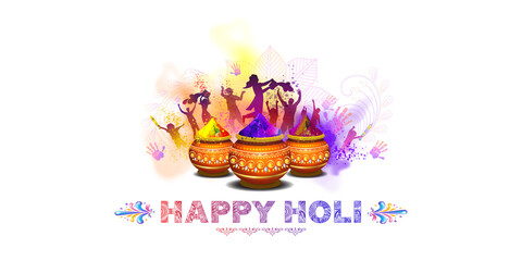 Indian festival holi celebration background. Fun, party, dance and playing with color poster banner greeting card. Happy holi text with traditional floral, pot, colorful color splash background.