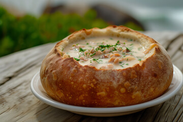 Creamy Seafood Chowder Served in a Freshly Baked Bread Bowl on a Sunny Pier