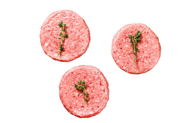 Burger patties, raw fresh ground, mince meat.  Isolated, Transparent background. 