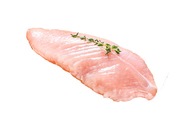 Raw Turkey steaks. Breast fillet with herbs. Isolated, Transparent background. 
