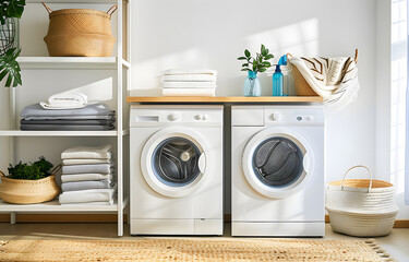 Washing machines in laundry room interior with wardrobe and accessories