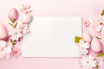 Easter frame backgrouns with copy space for text. Decorated with colorful eggs and spring flowers.3D render-style inspiration. Easter template, mockup - 720709004
