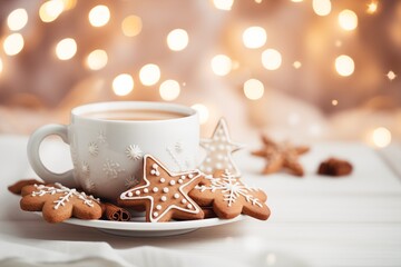 cup of coffee with cookies and cinnamon for Christmas time