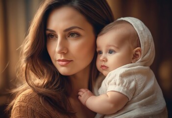 Loving mom carying of her newborn baby at home. Bright portrait of happy mum holding sleeping infant child on hands. Mother hugging her little 2 months old son.