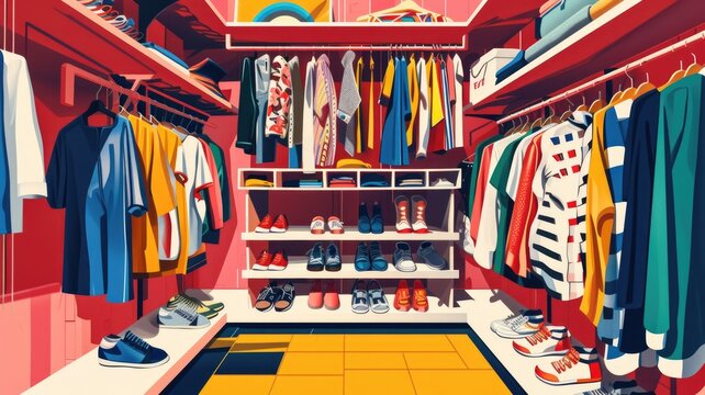Racks with clothes and shoes that repeat the sustainable fashion, iconic styles of the 80s and 90s, use for the image of a secondhand or thrift store