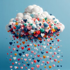 On a blue background, a white cloud from which colorful paper hearts fall. Close up. Love concept.