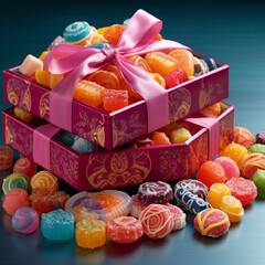 Fototapeta na wymiar A colorful cute box with delicious candies. A wonderful gift that will bring a smile and tenderness