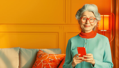 An elderly woman reads the news using a smartphone in the background of a cozy retro-style living...