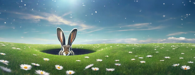 Rabbit emerging from a burrow in a field of daisies under a sunny sky. Easter bunny background. Panorama with copy space.