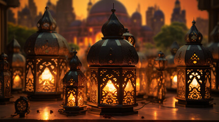 Obraz premium Greetings of Eid Mubarak and Ramadan Kareem accompanied by an Islamic lantern and mosque. Generative AI