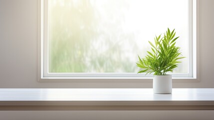 an empty desktop with ample free space, adorned with a lush green plant, and featuring a spring window flooding the area with natural light.