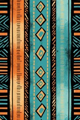 Cyan, peach, and olive seamless African pattern, tribal motifs grunge texture on textile background 