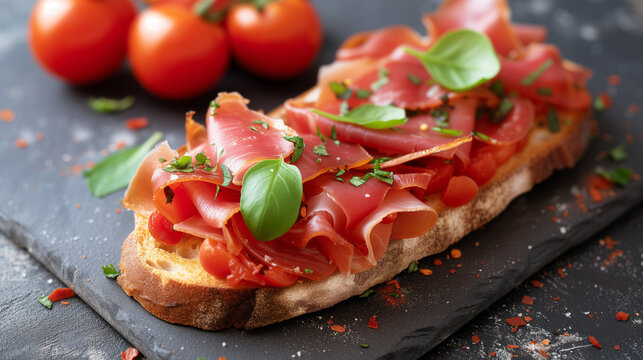 Shallow depth of field (selective focus) image with spanish tostas de tomate y jamon dish. Generative AI.
