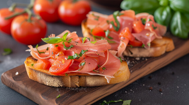 Shallow depth of field (selective focus) image with spanish tostas de tomate y jamon dish. Generative AI.