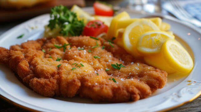 Shallow depth of field (selective focus) image with German schnitzel dish. Generative AI.