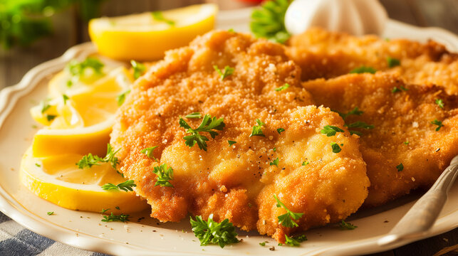 Shallow depth of field (selective focus) image with German schnitzel dish. Generative AI.