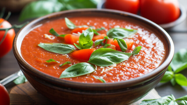 Shallow depth of field (selective focus) image with Spanish gazpacho dish. Generative AI.