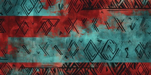 Cyan, sage, and maroon seamless African pattern, tribal motifs grunge texture on textile background