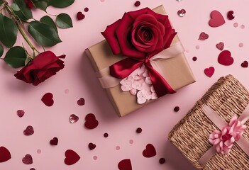 Valentine's Day rustic Overhead pastel shot wicker box message cherished pink roses heart crimson gift confetti ones backdrop Embracing your ornament