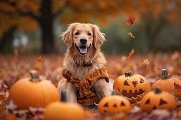 playful dog in a Halloween costume with pumpkins and fall leaves Cute Halloween puppy - obrazy, fototapety, plakaty