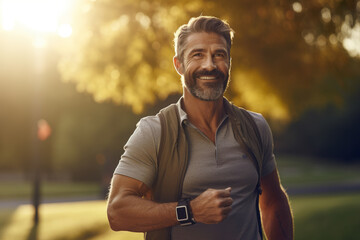 Athletic middle-aged man with a buzz cut, glancing at his wristwatch during a peaceful evening stroll in a lush park - obrazy, fototapety, plakaty
