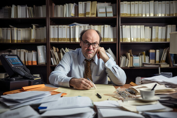 Portrait of a diligent tax inspector in his workspace, amidst a sea of documents and a trusty calculator