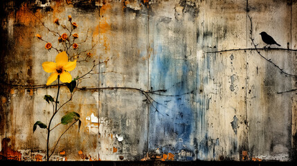 Grunge background with yellow flowers and bird on worn and cracked paint close-up with copy space. Basic greeting card design. Floral banner, poster, background.