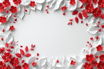 White background with red flowers. Valentine's Day banner, wedding invitation, floral card