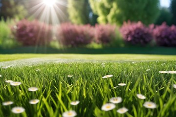 A green, well-groomed lawn on the site of a private house against the backdrop of a blooming...