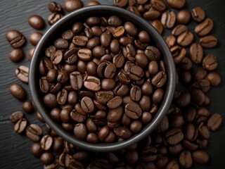 Fototapeta premium Coffee beans arranged in a symmetrical pattern on the table