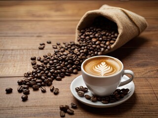 Coffee beans forming a pathway leading to a cup on a rustic wooden surface.