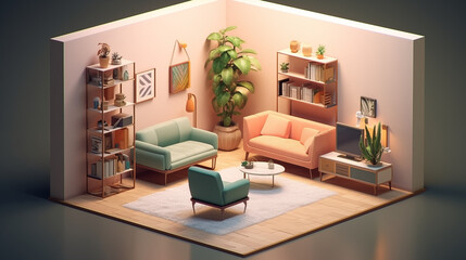 A cube cutout of an isometric living room 3D rendered.