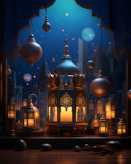 Fototapeta na wymiar Illustration of an Islamic Background in 3D, Featuring a Mosque and Traditional Lanterns. Generative AI