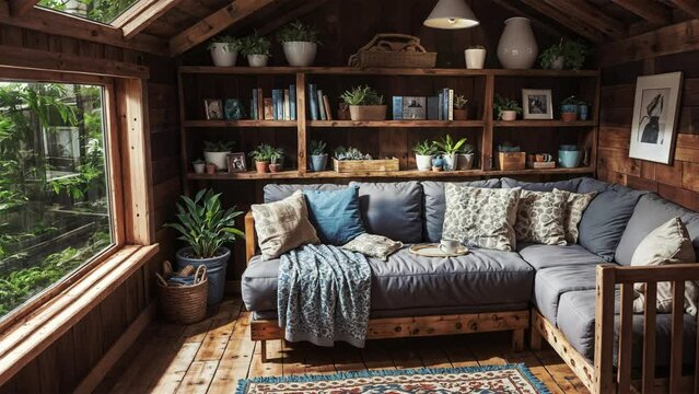 Background video. rustic reading nook (a cozy place in the corner of the house), rain outside the window. 