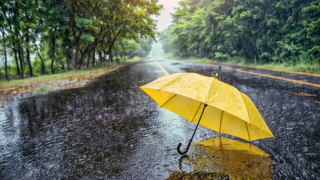 On a rainy day, a yellow umbrella was lying in the middle of a deserted road. An ominous image.
