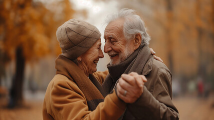 Autumn Embrace: A Tender Moment Between Loving Elders on a Golden Canopied Street